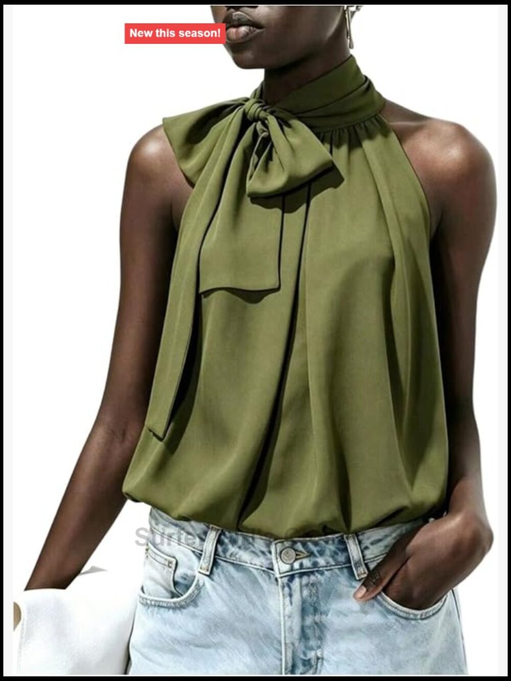 Sleeveless Bow Tie Neck Blouse Mock Neck Pleated Loose Fit Women's Top